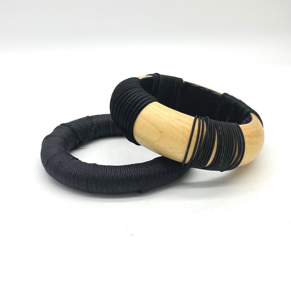 Handmade Wood and Black Cord Wrapped Bangle Bracelet Set Chunky Boho 2pc